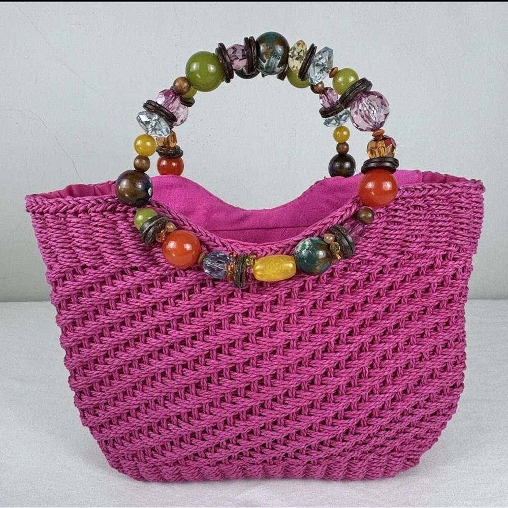 Cappelli Straworld Fuchsia Tote with Beaded Handle - Picture 1 of 12
